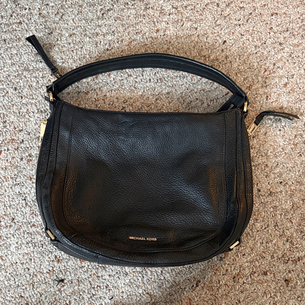 Michael Kors Black Pebbled Leather Shoulder Bag with Gold Hardware